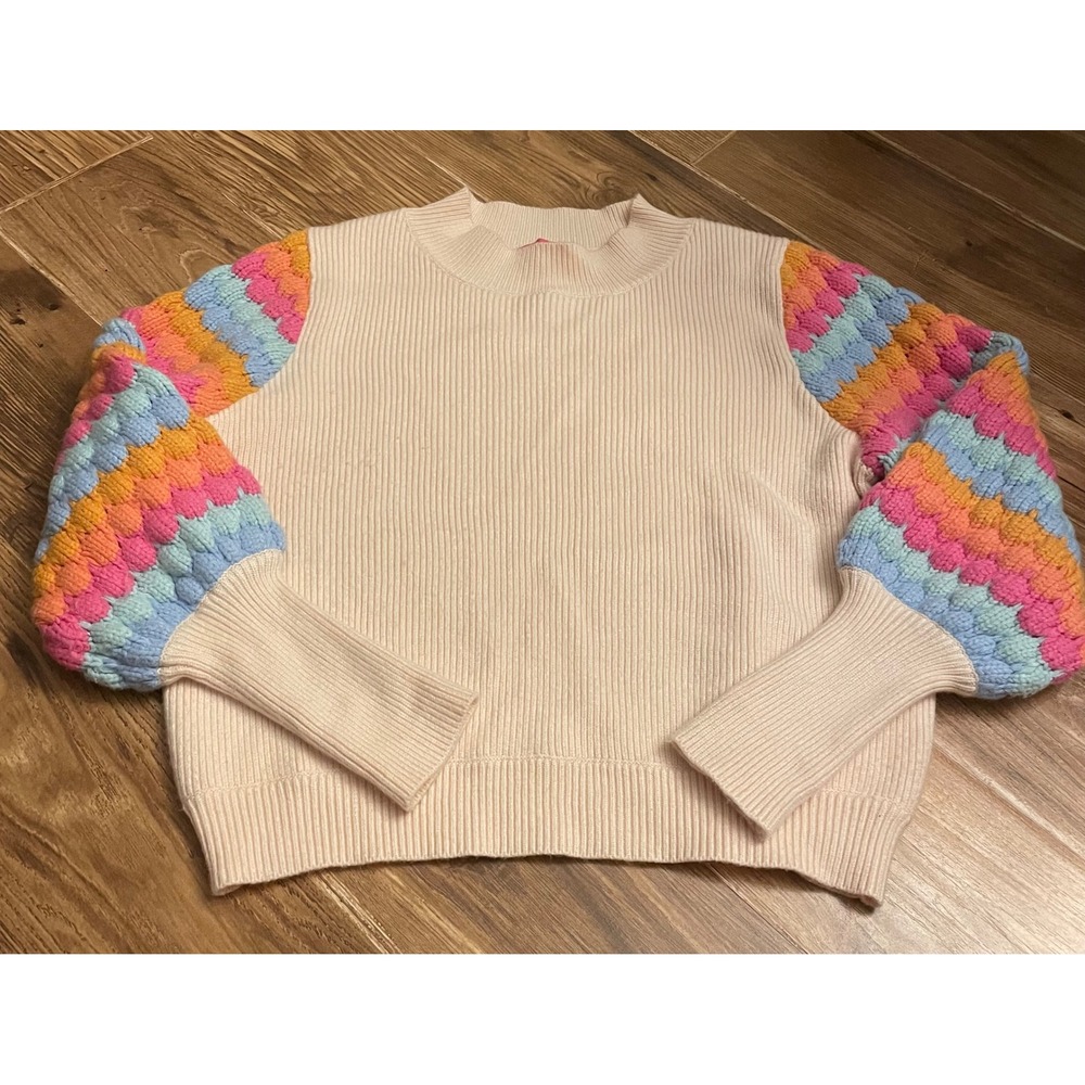 THML Cream Ribbed Sweater Multi Color Popcorn Balloon Sleeve Mock Neck Large